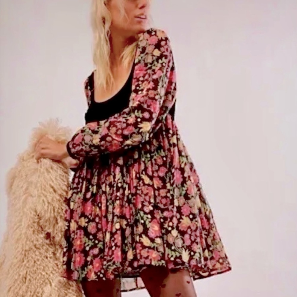 FREE PEOPLE MARSHA BLACK FLORAL VELVET SMOCK BABYDOLL DRESS
